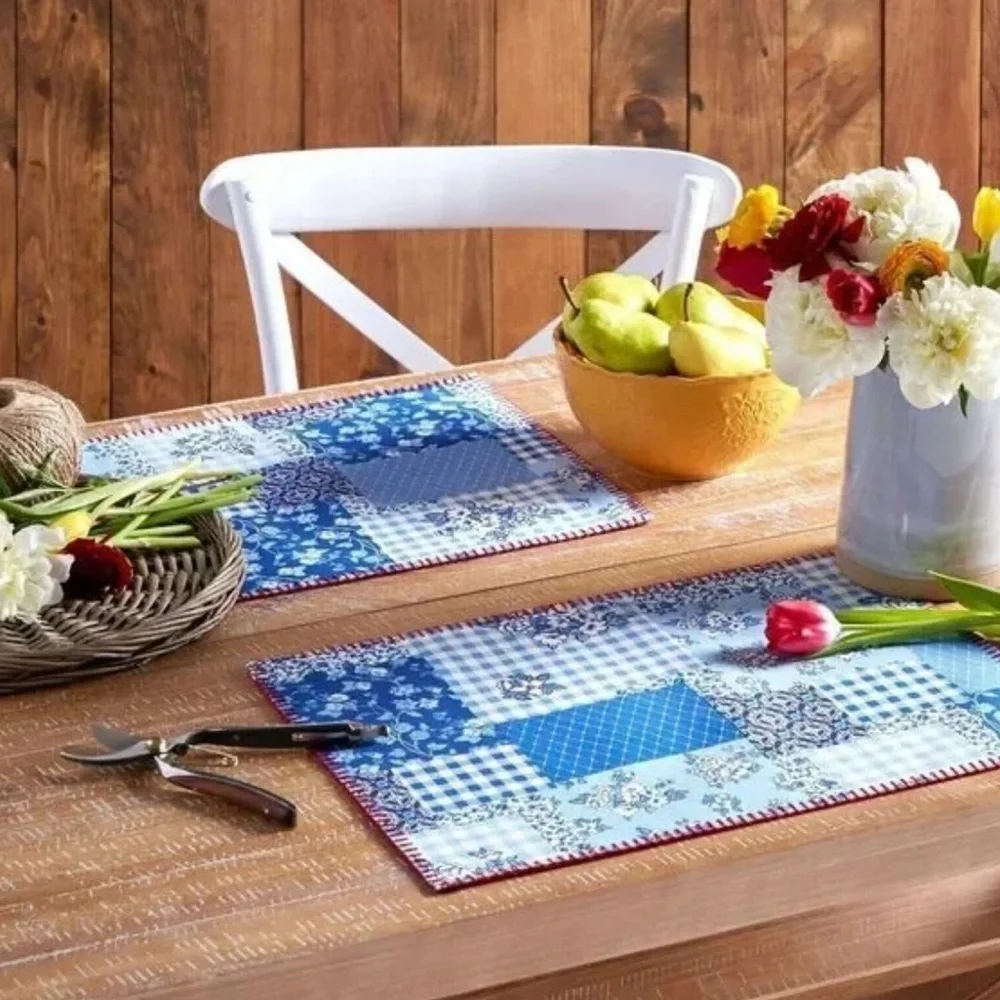 Pioneer Woman Heritage Patchwork Cotton Placemat Reversible Plaid Red White Blue